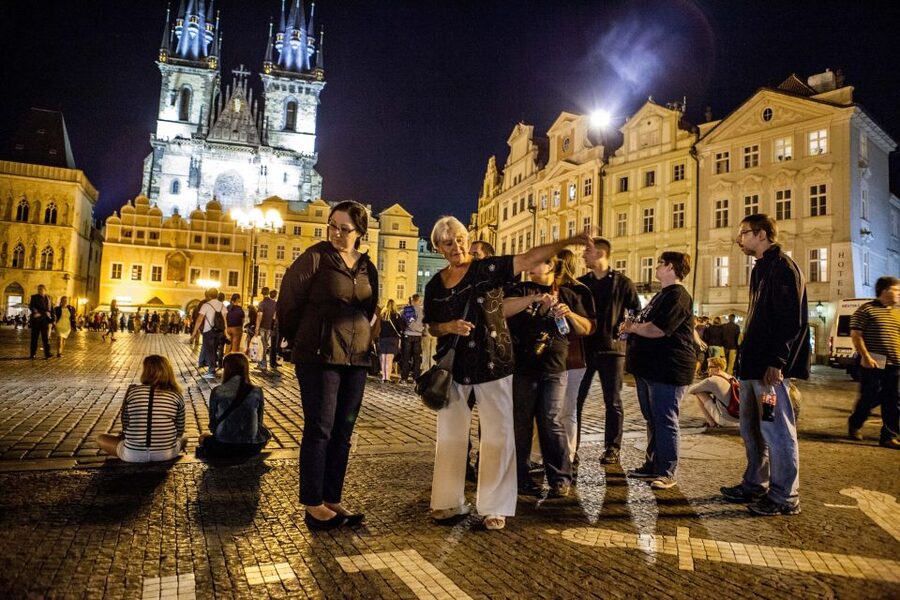 Ghost Walking Tour of Prague - Old Town Square at night: the Astronomical Clock moment