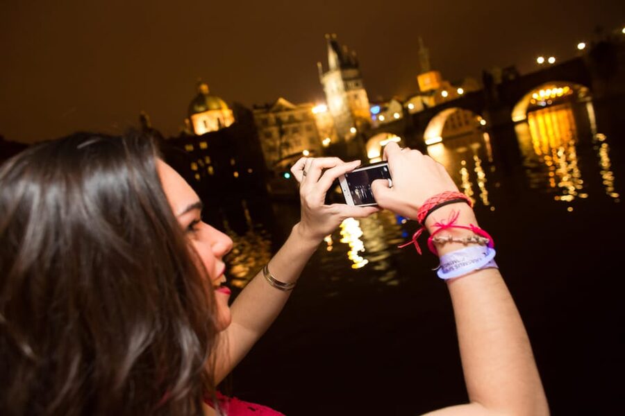 Prague: Boat Party with Unlimited Drinks & After Party Entry - Charles Bridge and Kampa Island at night, what you’re really buying